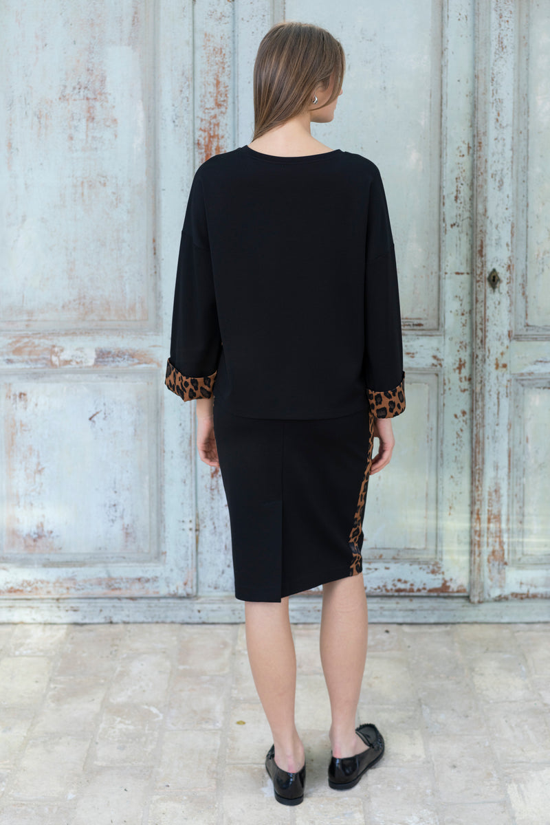 Hongo Black Dress with Leopard Print Details